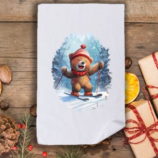 Коледна кърпа с принт мече със ски